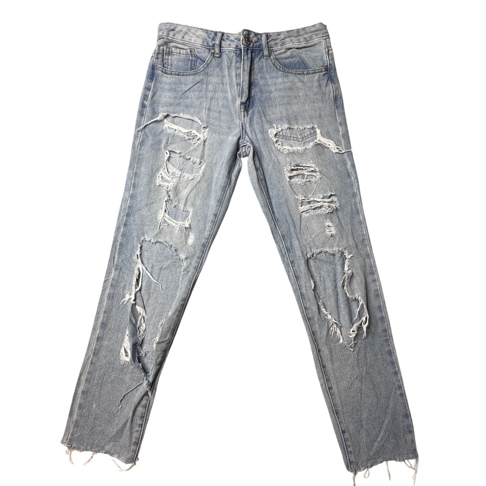Forever 21 Jeans Womens 24 Blue Distressed Straight‎ Leg Raw Hem High Rise Denim